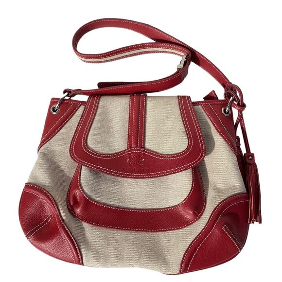 Stone Mountain Women Beige Canvas Red Leather Trim Tasseled Shoulder Bag - Picture 1 of 7